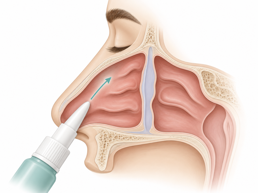 Cross-sectional illustration showing correct intranasal corticosteroid spray technique, with the nozzle aimed toward the outer eye and away from the nasal septum to reduce nosebleeds and irritation.