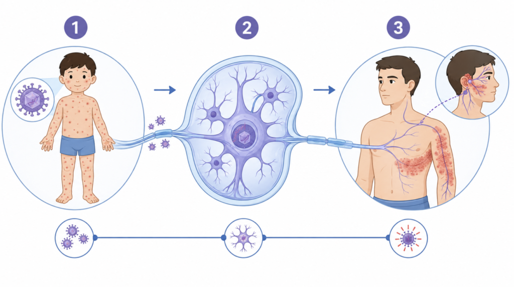 Varicella-zoster virus lifecycle from chickenpox to dormancy in nerve ganglia to shingles reactivation, including facial nerve involvement causing Ramsay Hunt syndrome