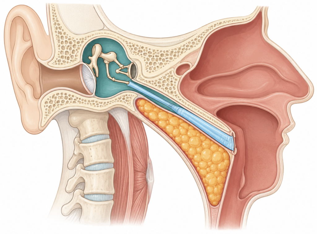 Anatomy of the Eustachian tube showing the Ostmann fat pad cushioning and keeping the tube closed at rest, connecting the nasopharynx to the middle ear
