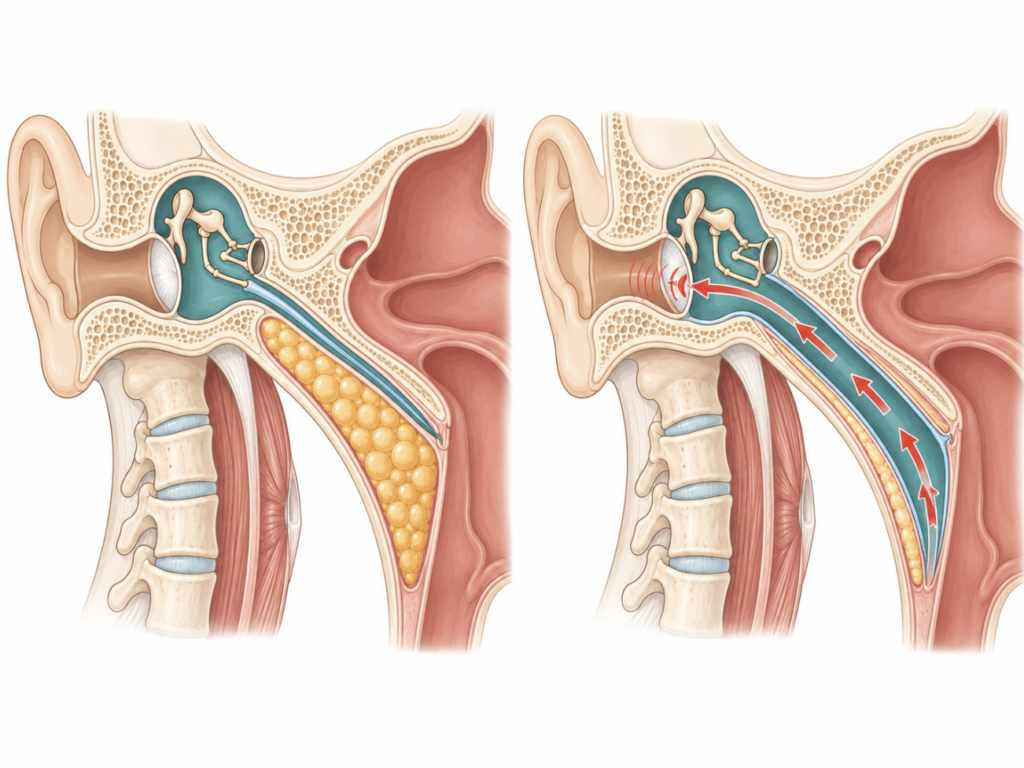 Comparison of a closed Eustachian tube versus a patulous open tube after Ostmann fat pad depletion, showing sound and pressure transferring from the throat to the middle ear causing autophony. Can caused by Ozempic Ear Side Effect.
