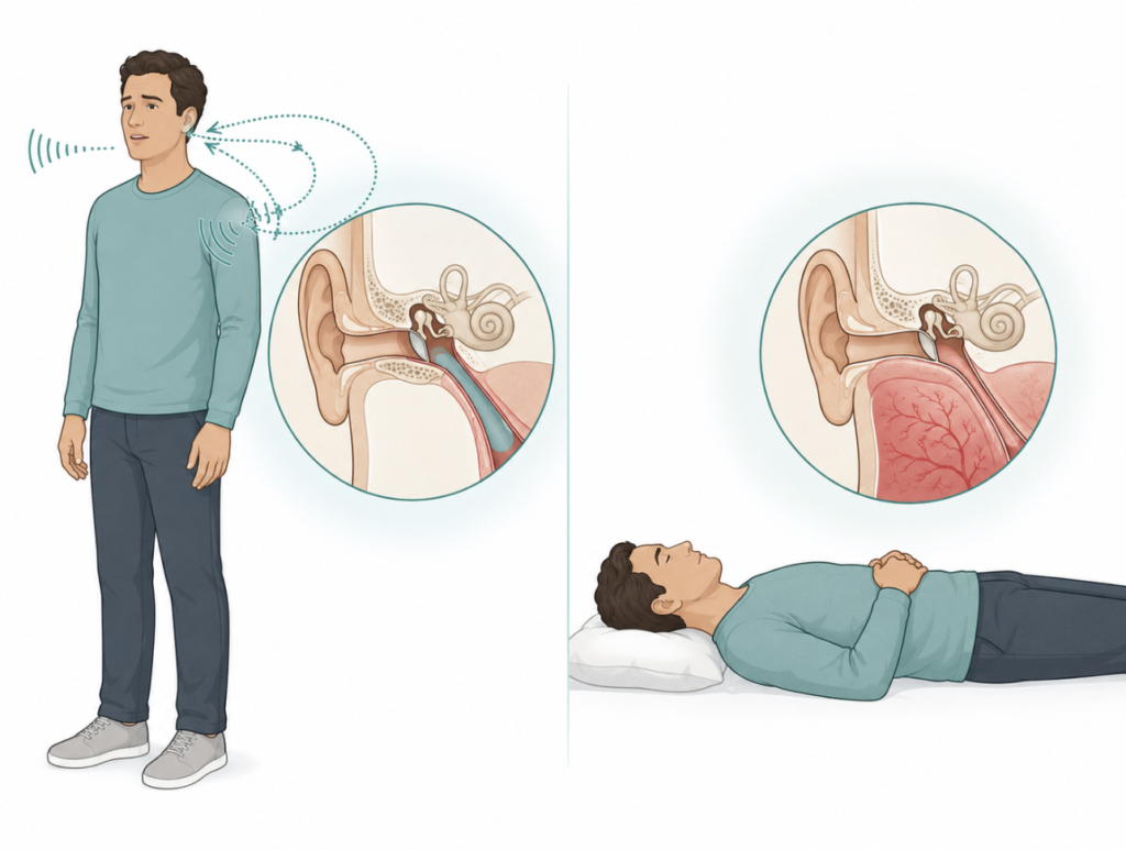 Positional variation of patulous Eustachian tube symptoms showing autophony when upright and relief when lying flat as venous blood flow closes the tube