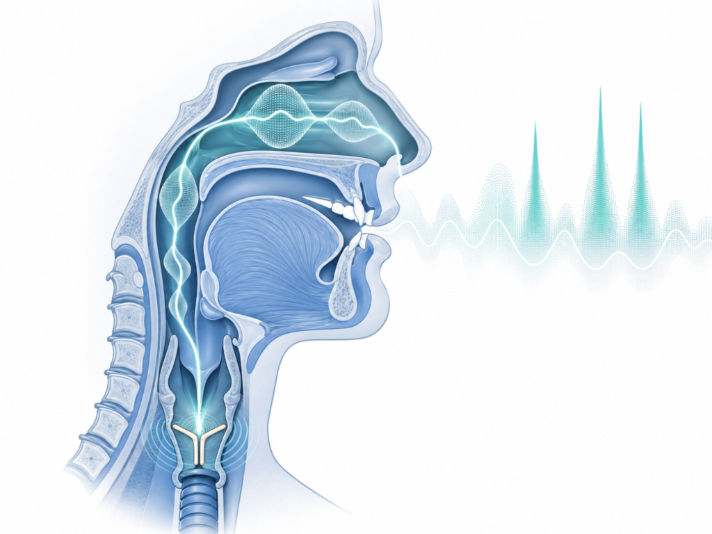 Human voice production anatomy showing vocal folds in the larynx and the vocal tract resonance that creates each person's unique acoustic signature