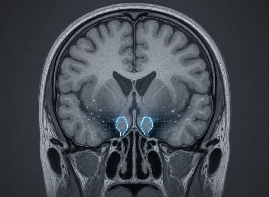 AI-assisted MRI segmentation outlining the olfactory bulbs at the base of the frontal lobe, illustrating automated measurement of bulb volume.