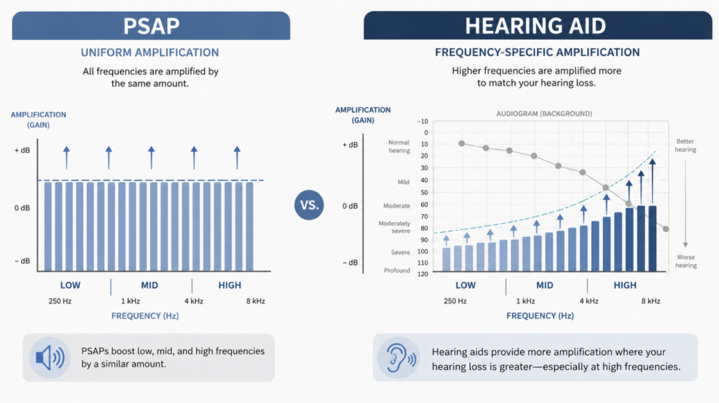 Diagram contrasting a PSAP's uniform amplification across all frequencies with a hearing aid's frequency-specific gain shaped to an individual audiogram.