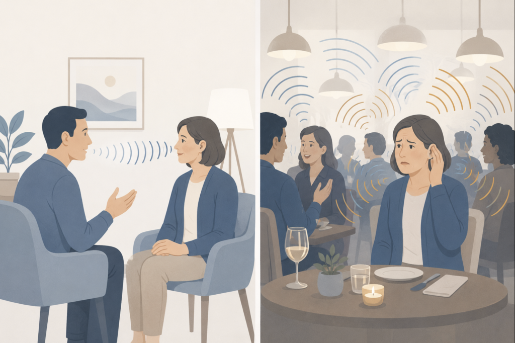 Side-by-side illustration showing clear speech understanding in a quiet room versus difficulty following conversation in a noisy restaurant, reflecting how PSAP performance drops in background noise.