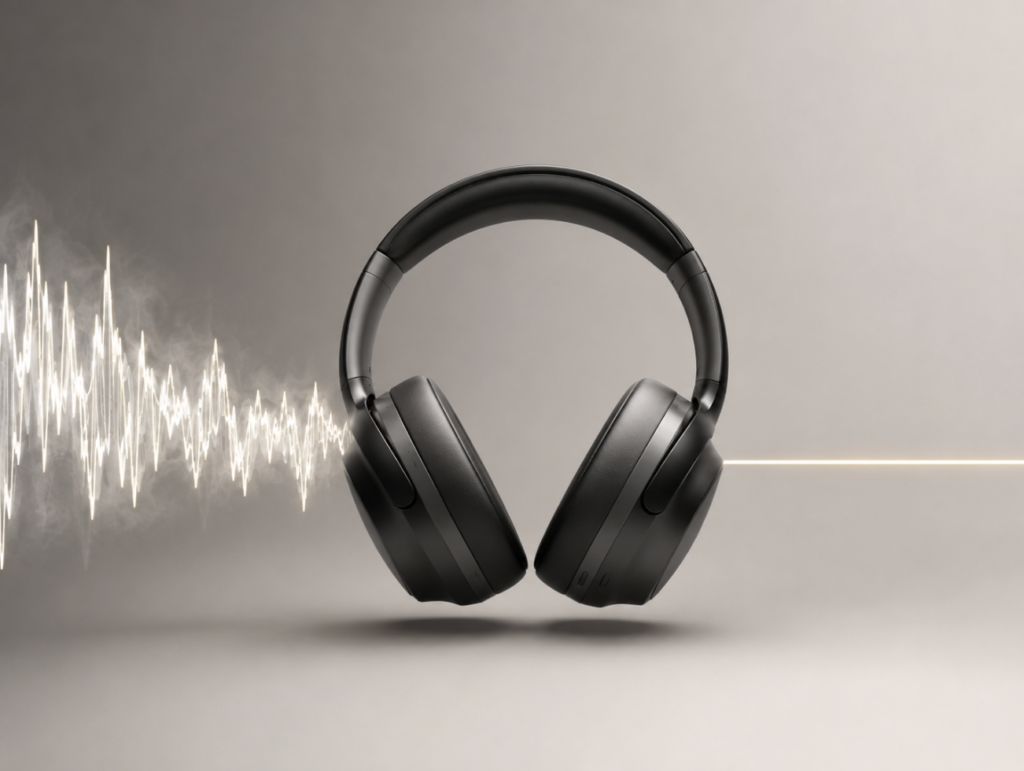 Modern over-ear noise-cancelling headphones with an incoming jagged sound wave smoothing into a flat line, representing active noise reduction.