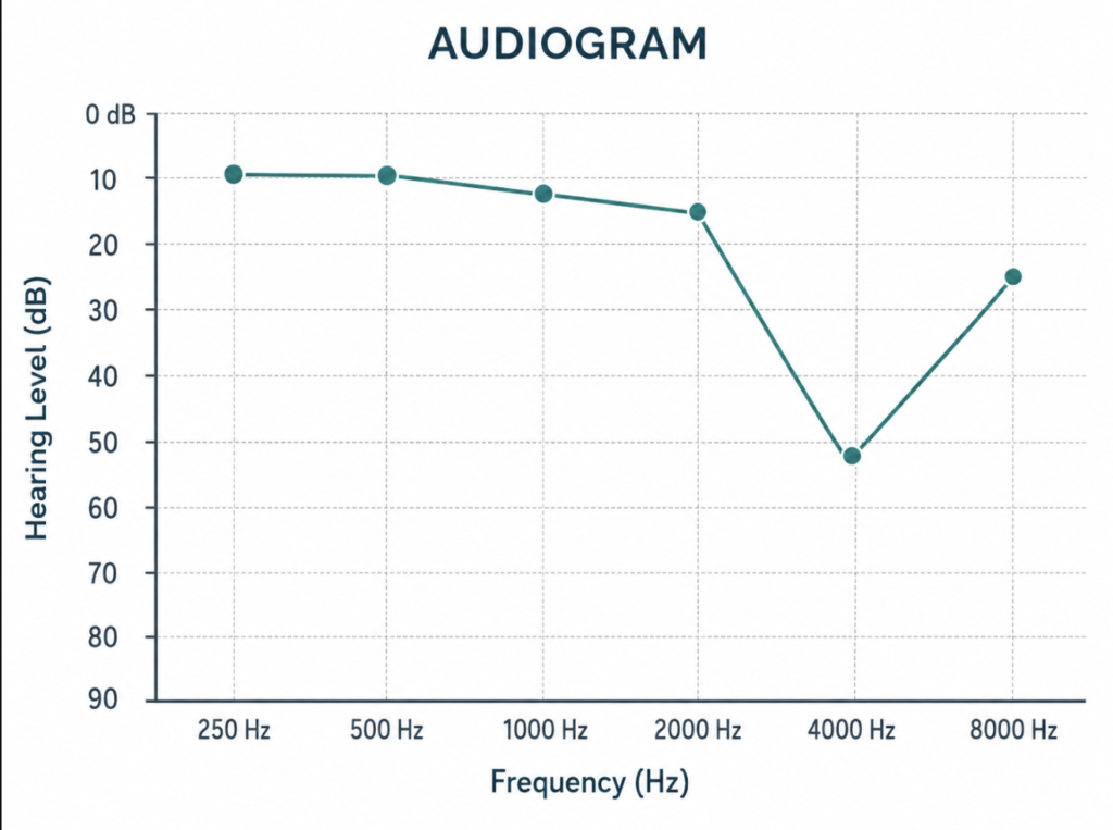 Audiogram showing a characteristic noise notch — a sharp dip in hearing thresholds around 4,000 Hz — typical of noise-induced hearing loss.