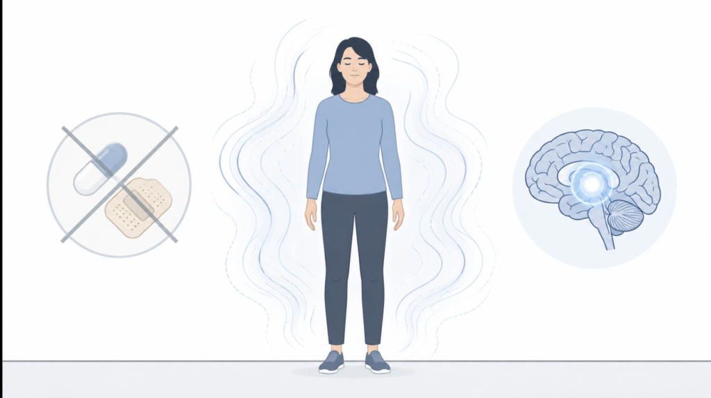 Illustration of a person standing on stable ground while surrounded by faint wave-like motion lines, depicting the persistent rocking sensation of mal de débarquement syndrome; a crossed-out medication icon indicates that standard motion-sickness drugs do not relieve the lingering dizziness, while a highlighted brain symbol points to centrally acting treatments.
