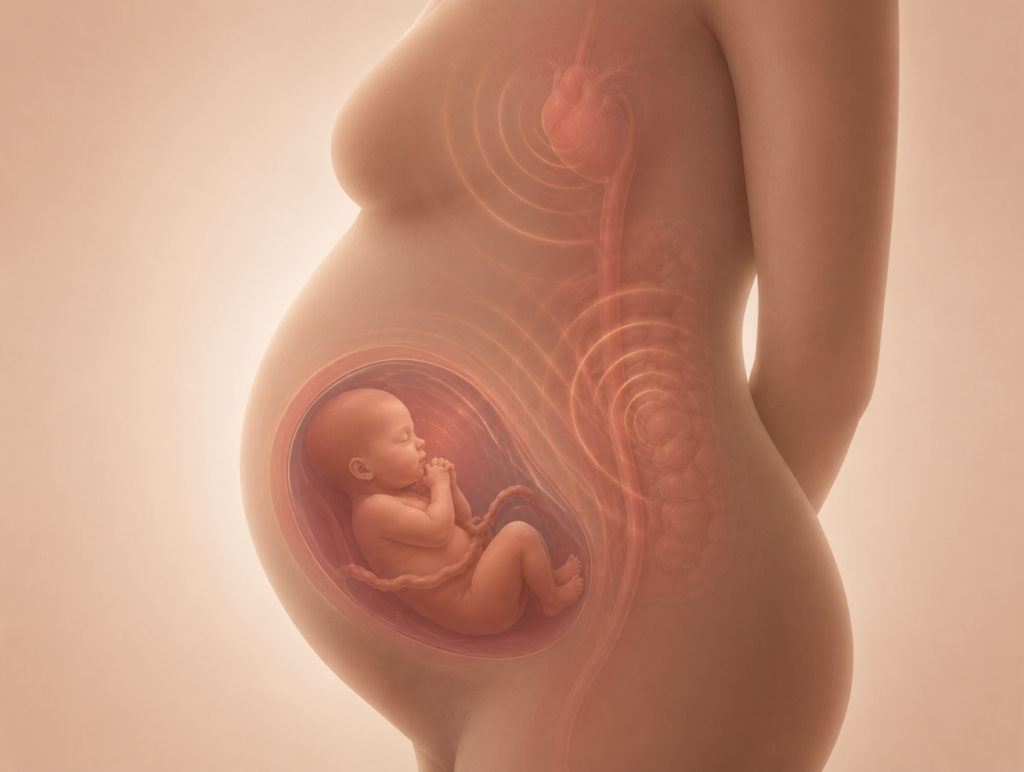 Cross-section illustration of a pregnant abdomen showing a fetus in amniotic fluid, with sound waves radiating from the mother's heart, blood vessels, and digestive tract to depict the continuous low-frequency noise inside the womb.