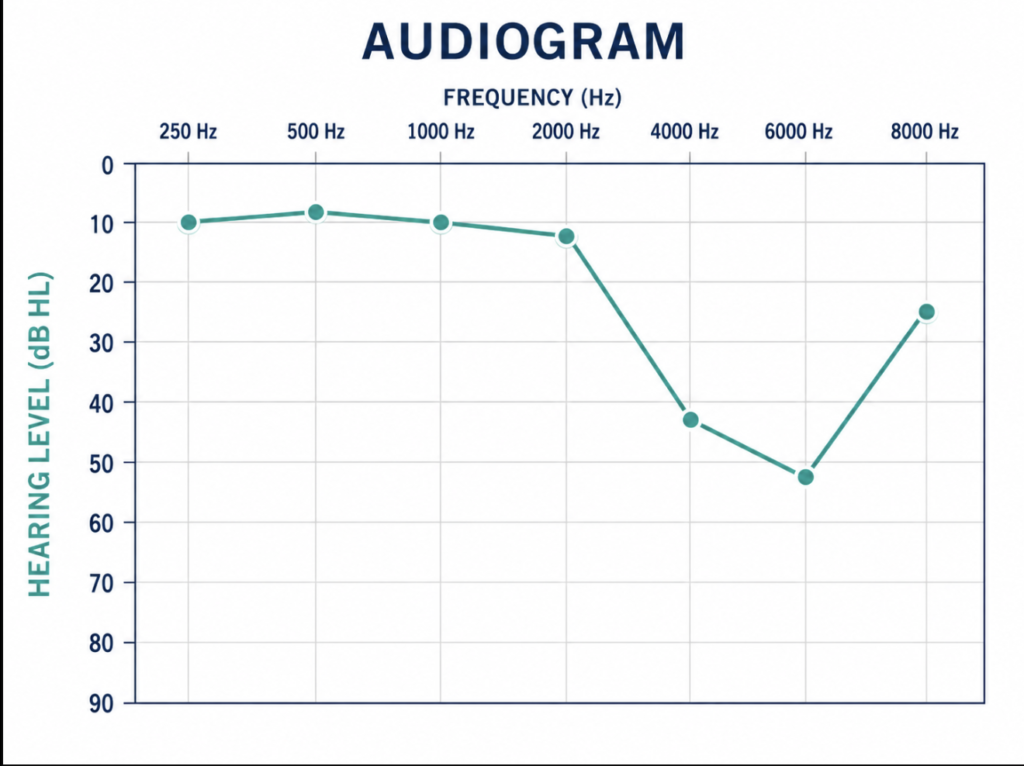 Audiogram showing a normal hearing threshold across low and mid frequencies with a sharp V-shaped notch at 4–6 kHz, the characteristic pattern of noise-induced hearing loss from prolonged earbud use.