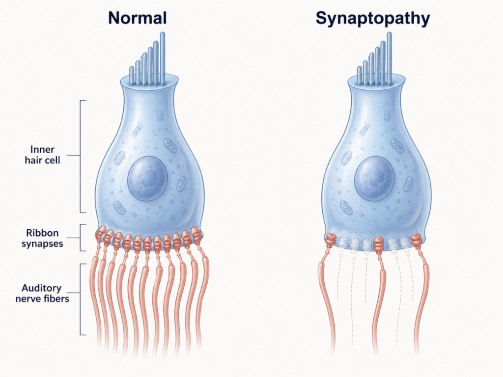 Side-by-side illustration of cochlear synaptopathy: a healthy-looking inner hair cell with many intact nerve connections on the left versus the same intact hair cell with most synapses and auditory nerve fibers lost on the right, showing why a standard hearing test can appear normal despite hidden damage.