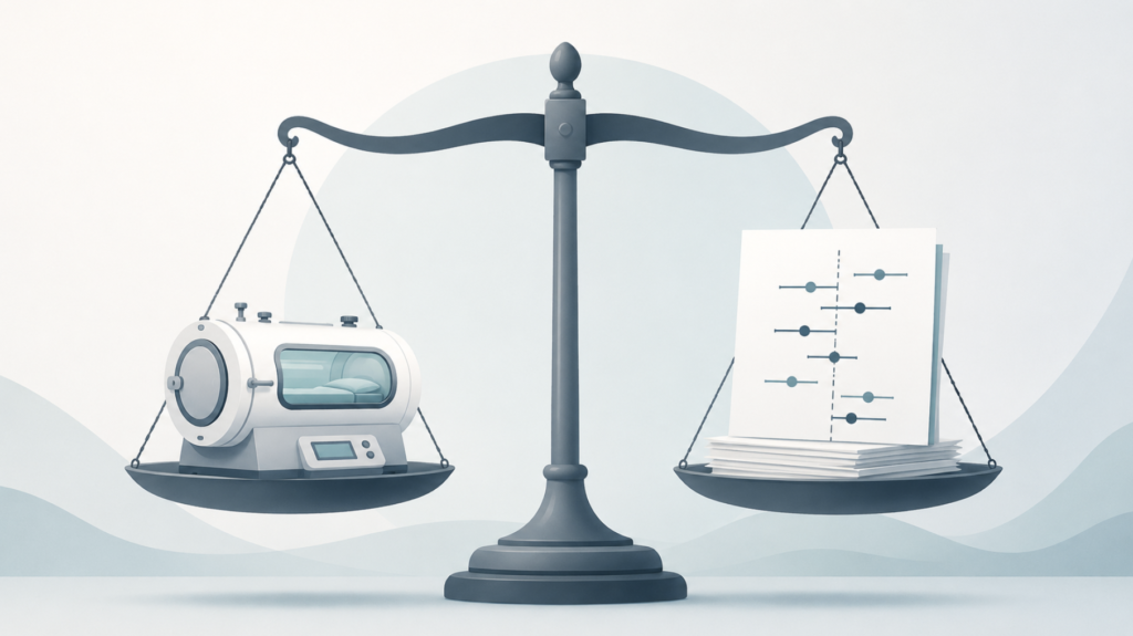 Conceptual illustration of a balance scale weighing a hyperbaric oxygen chamber against research papers and a forest-plot diagram, representing the mixed and heterogeneous evidence for hyperbaric oxygen therapy in sudden sensorineural hearing loss.
