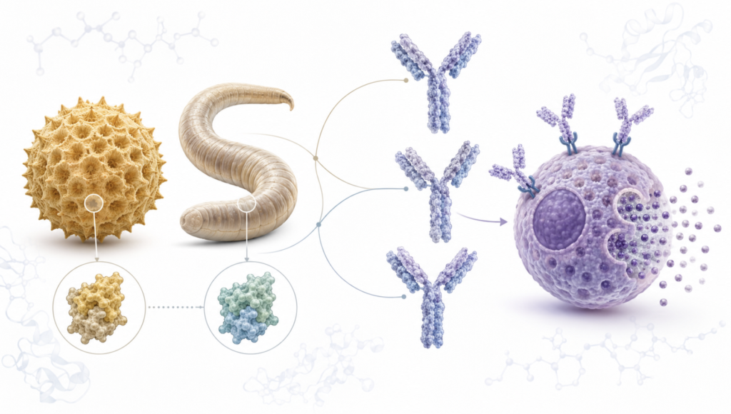 Illustration of IgE antibodies and a mast cell recognizing both a parasitic worm and a pollen grain, depicting the parasite hypothesis of allergy.
