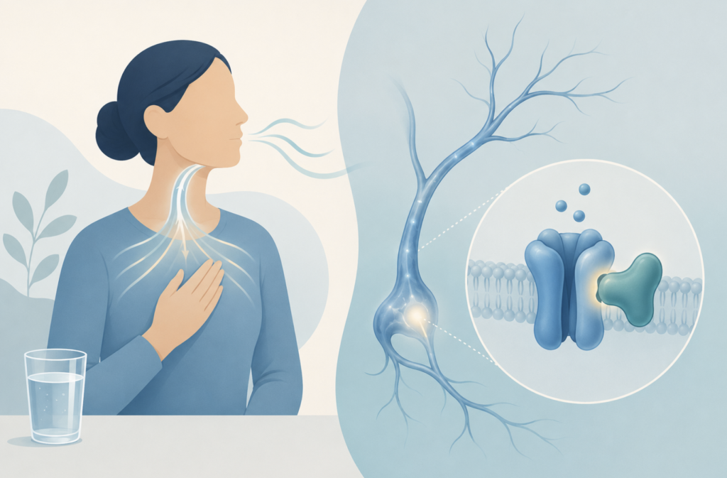 Editorial illustration contrasting two treatments for chronic cough lasting over eight weeks — behavioral cough-suppression therapy with controlled breathing and the P2X3-receptor-blocking drug gefapixant acting on an airway nerve.
