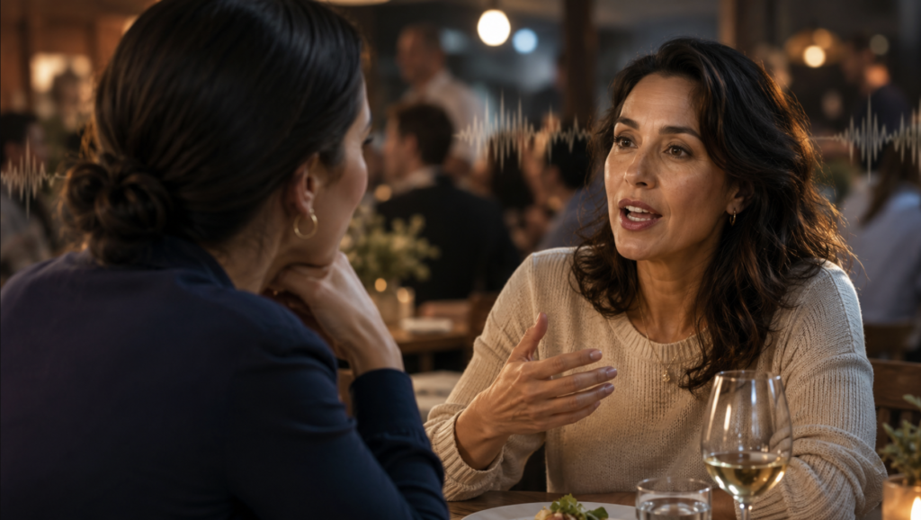 A listener watching a speaker's face and lip movements across a table in a noisy restaurant, using visual speech cues to understand words more easily