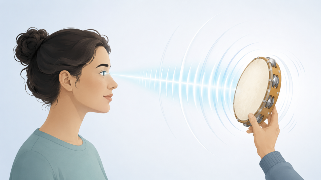 A person looking at a tambourine as it makes a faint sound, illustrating how seeing a sound's source lowers the threshold for detecting that sound