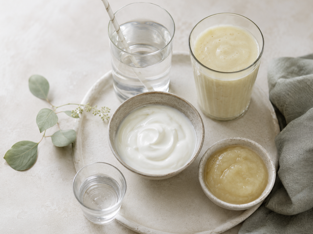 Cool water with a straw, yogurt, and soft soothing foods on a pale surface —
gentle ways to ease canker sore pain while a mouth ulcer heals.