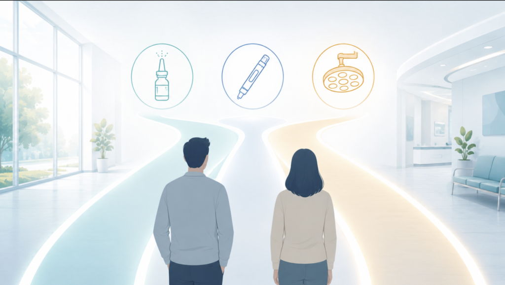 Conceptual illustration of two chronic rhinosinusitis patients with identical symptoms diverging onto three treatment paths (steroid spray, biologic injection, sinus surgery) under EPOS and AAO-HNS guidelines.