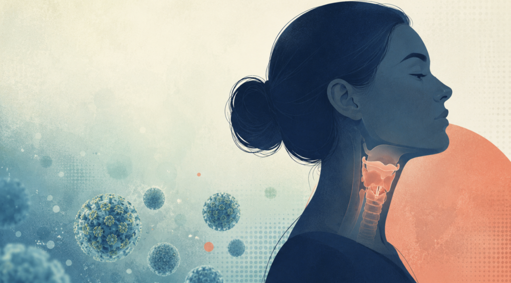 HPV vocal cord cancer in young non-smokers — editorial illustration of vocal cord anatomy with HPV virus particles