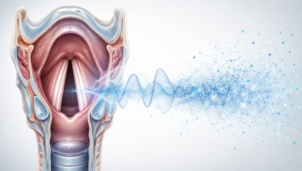 AI laryngeal cancer detection illustration with sound waveform and neural network data