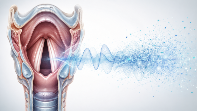 AI laryngeal cancer detection illustration with sound waveform and neural network data