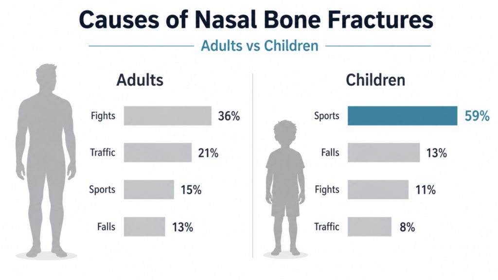 Nasal bone fracture causes compared in adults versus children