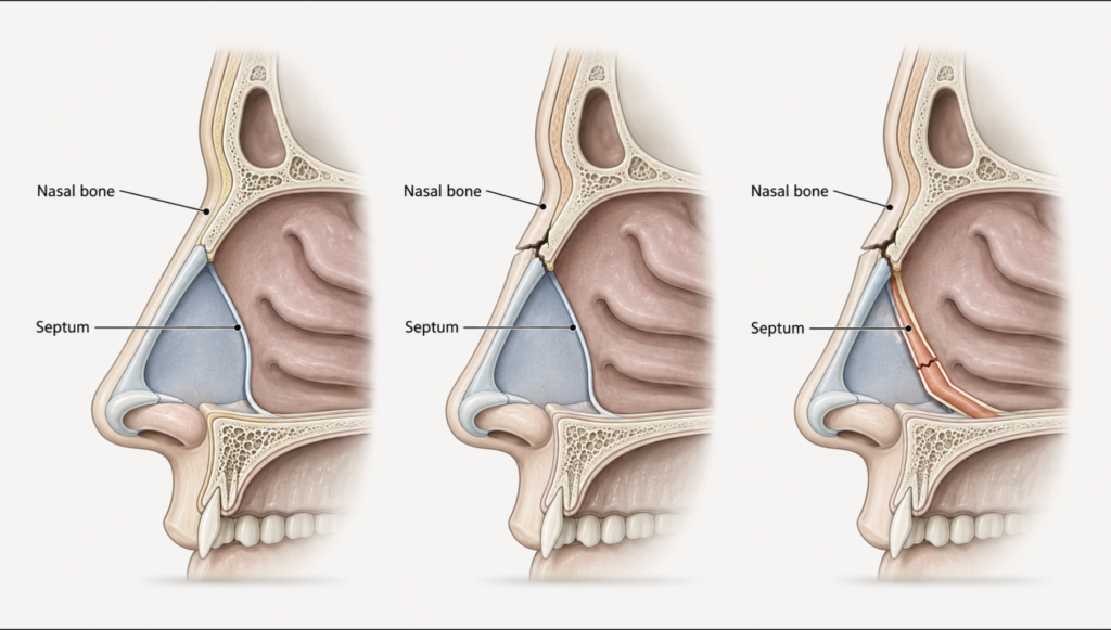 Anatomical comparison of isolated nasal bone fracture and fracture with septal involvement
