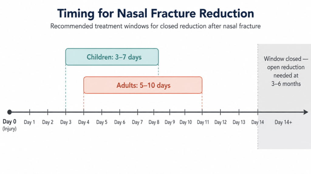 Closed reduction timeline for nasal bone fractures showing adult and pediatric treatment windows