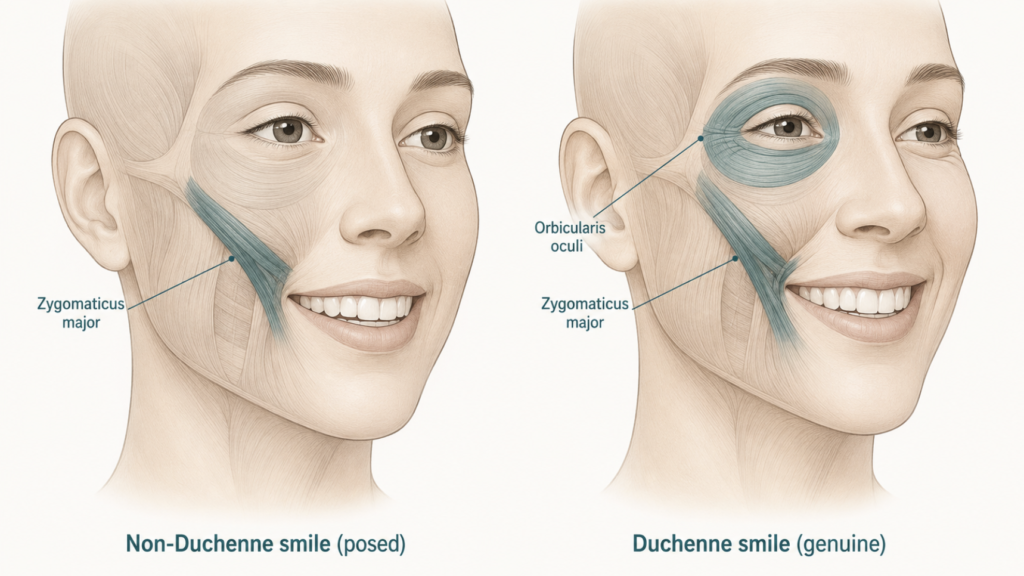Side-by-side anatomical illustration showing a non-Duchenne smile (mouth only) versus a Duchenne smile with active orbicularis oculi producing crow's feet at the outer canthus