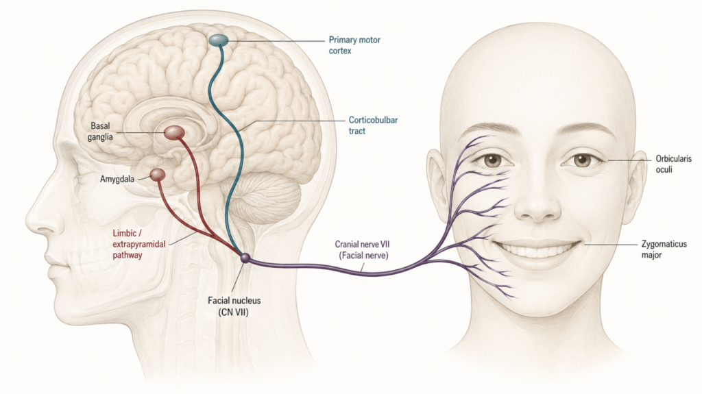 Diagram of cranial nerve VII (facial nerve) showing branches to zygomaticus major and orbicularis oculi, with subcortical limbic pathway and cortical motor pathway converging at the facial nucleus