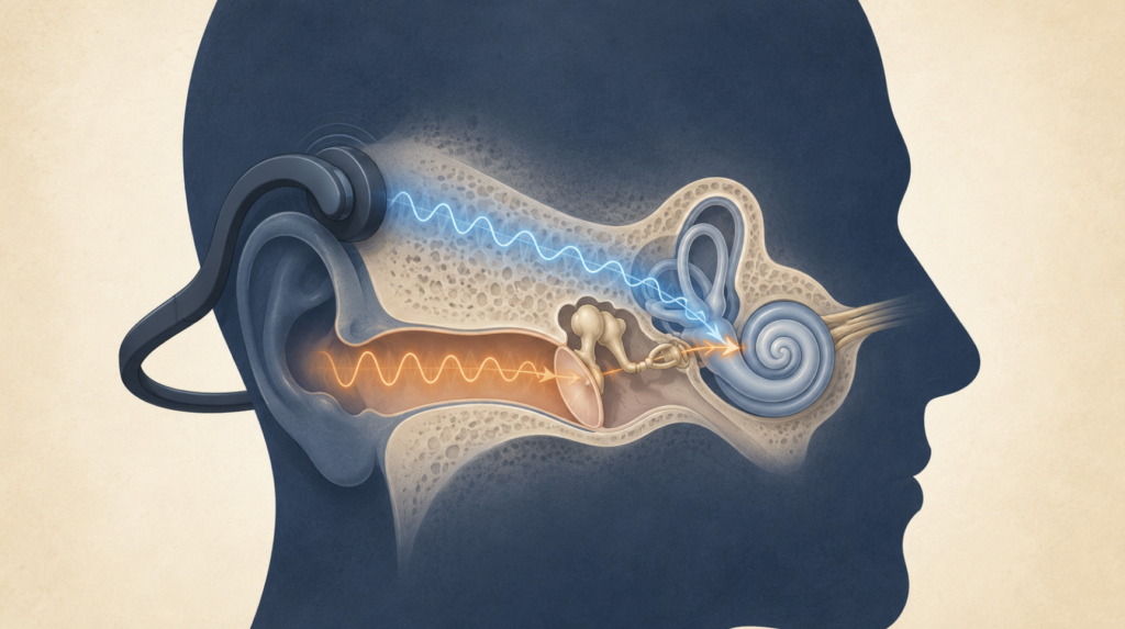 Bone conduction headphones and hearing loss — anatomical illustration of sound pathways to the cochlea
