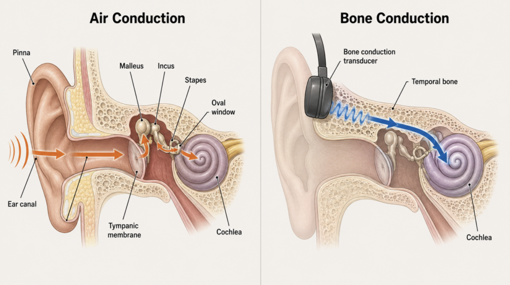Diagram comparing air conduction pathway through the eardrum and bone conduction pathway through the temporal bone to the cochlea