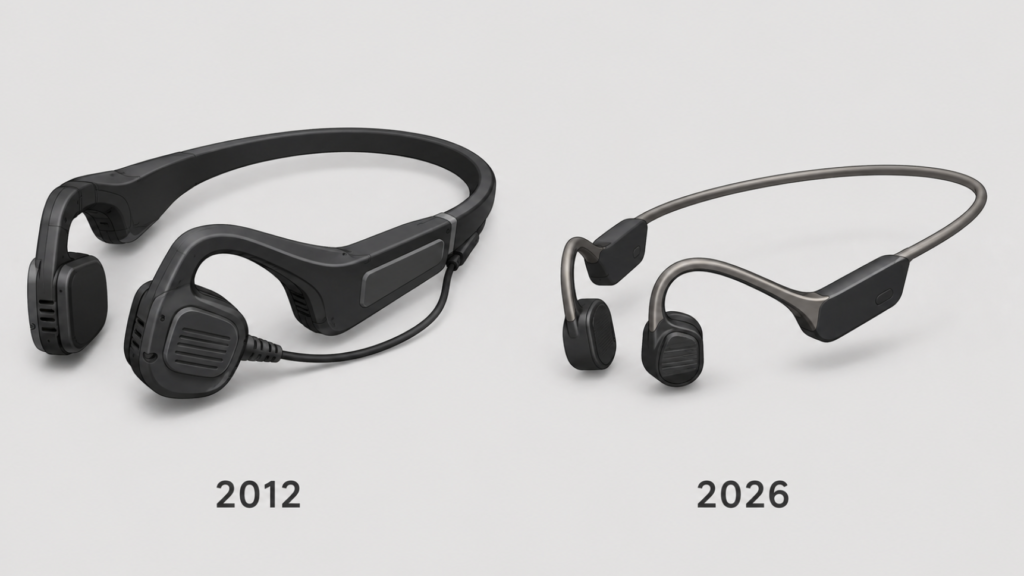 Evolution of consumer bone conduction headphones from the 2012 AfterShokz Sportz M1 to current open-ear designs