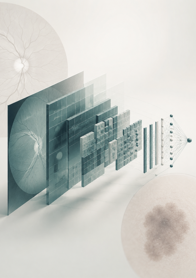 Editorial illustration of a convolutional neural network processing medical images, layered geometric grids with faint retinal and dermatologic motifs.