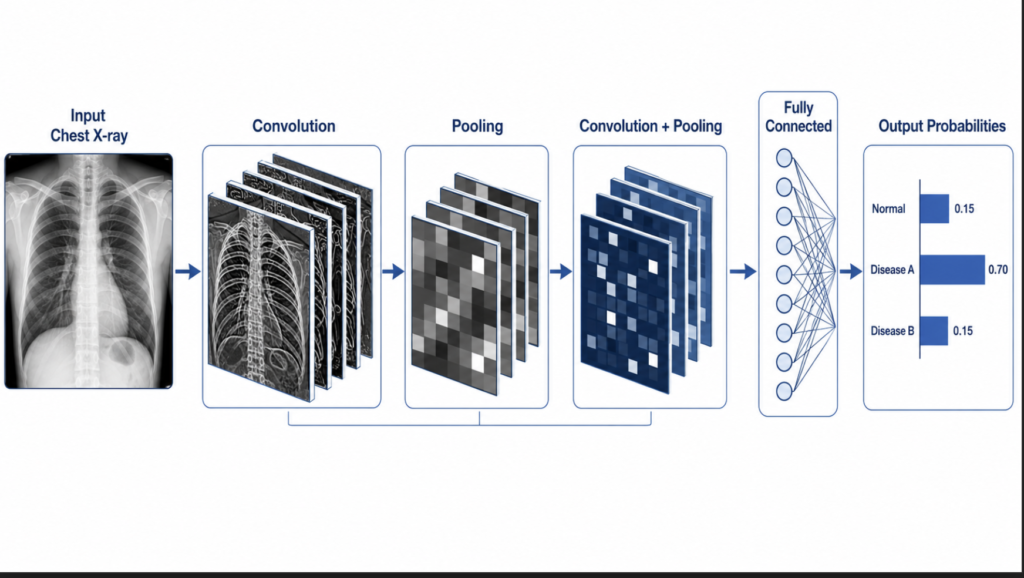 Diagram showing a typical convolutional neural network pipeline: input medical image, stacked convolution and pooling layers extracting progressively more abstract features, and a final classification head producing a probability distribution over diagnostic categories.