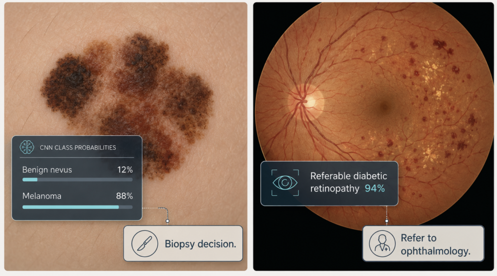 Side-by-side schematic of a dermatologic photograph and a retinal fundus image, each annotated with the CNN's class probabilities and the corresponding clinical decision point — biopsy or referral.