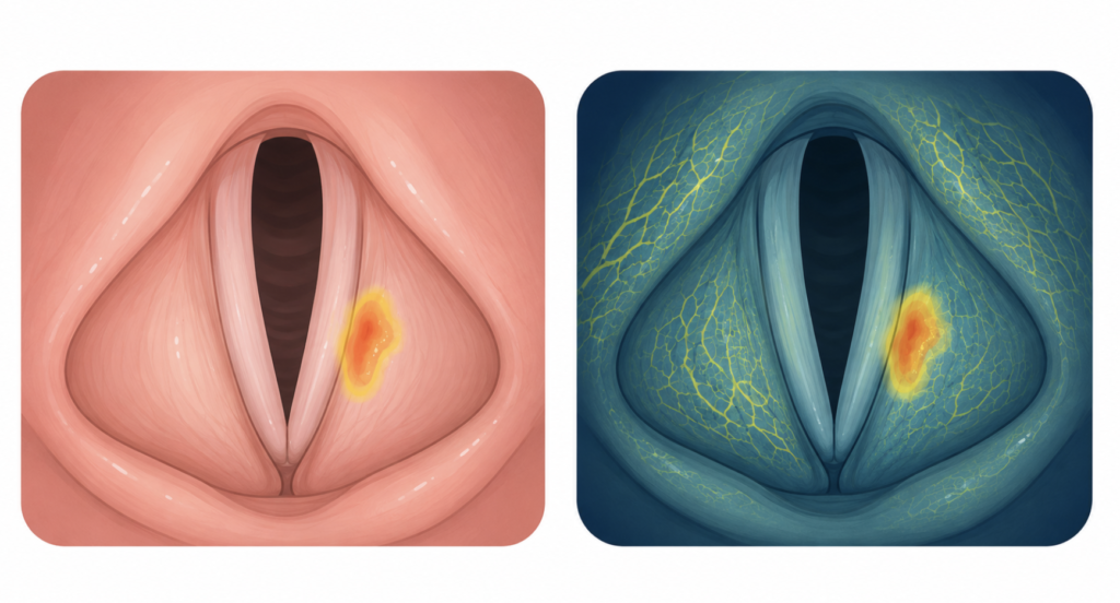 White-light versus narrow-band laryngoscopy image with CNN heatmap highlighting suspicious vocal cord lesion