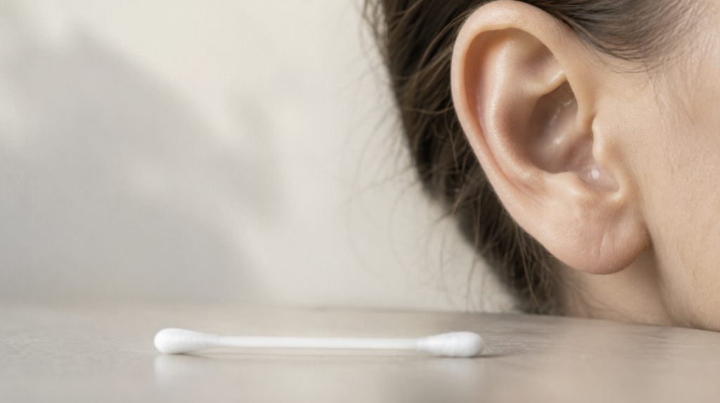 Close-up of cotton swabs near a human ear, illustrating the question of whether cotton swabs in ears are safe to use