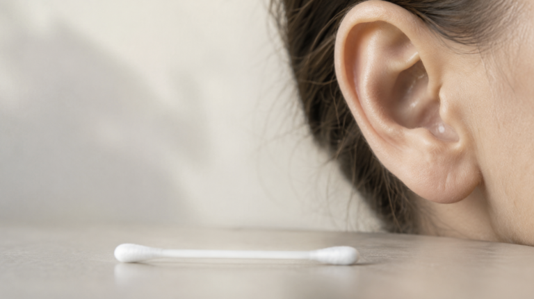 Close-up of cotton swabs near a human ear, illustrating the question of whether cotton swabs in your ears are safe to use