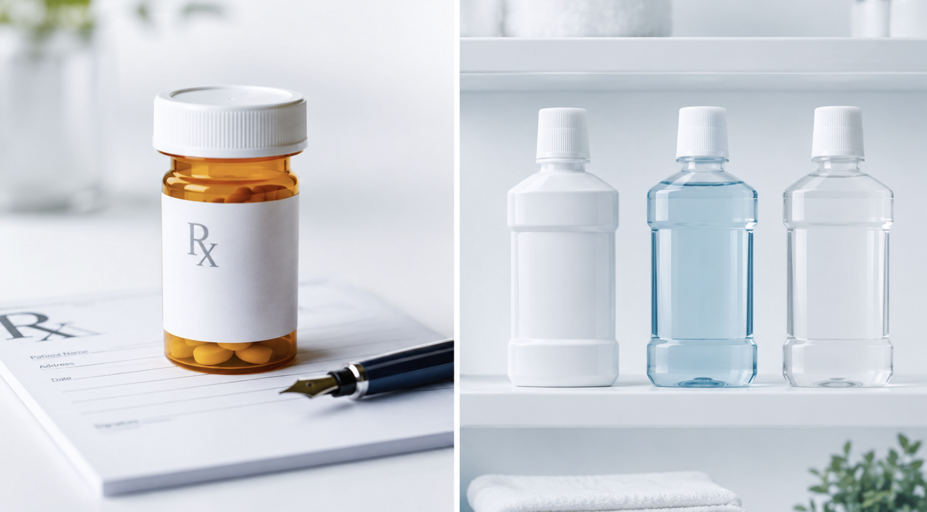 Prescription mouthwash bottle alongside over-the-counter mouthwash products on a pharmacy shelf — visual comparison for an ENT perspective article