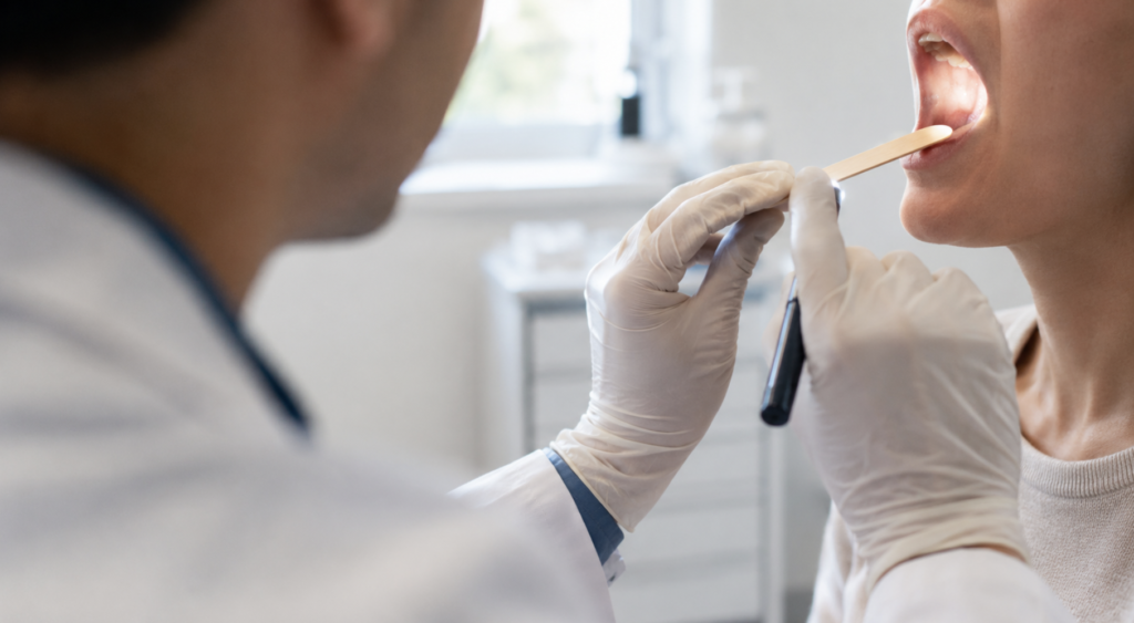Otolaryngologist examining a patient's throat during a clinical consultation — reflecting the ENT clinical perspective on prescribing gargles