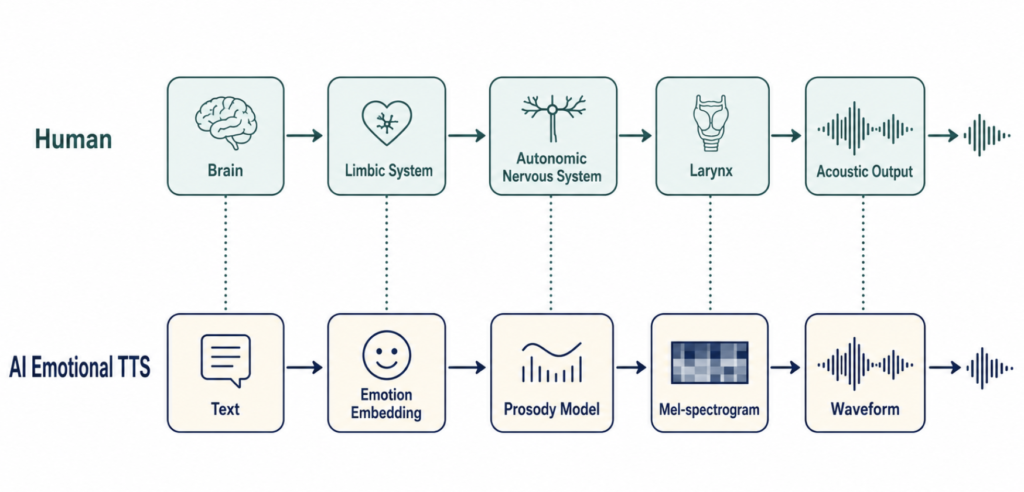 Pipeline comparison: human emotional voice production and AI emotional TTS