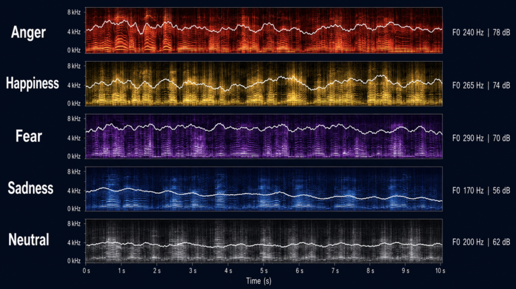 Spectrograms of the same sentence rendered in five emotions