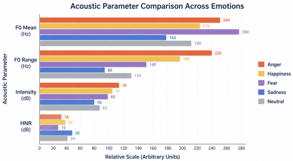 Acoustic feature comparison across five emotions in voice analysis