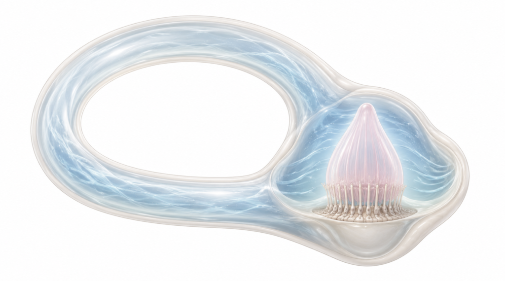 Anatomical cross-section diagram showing a semicircular canal with the cupula suspended in endolymph fluid in neutral buoyancy