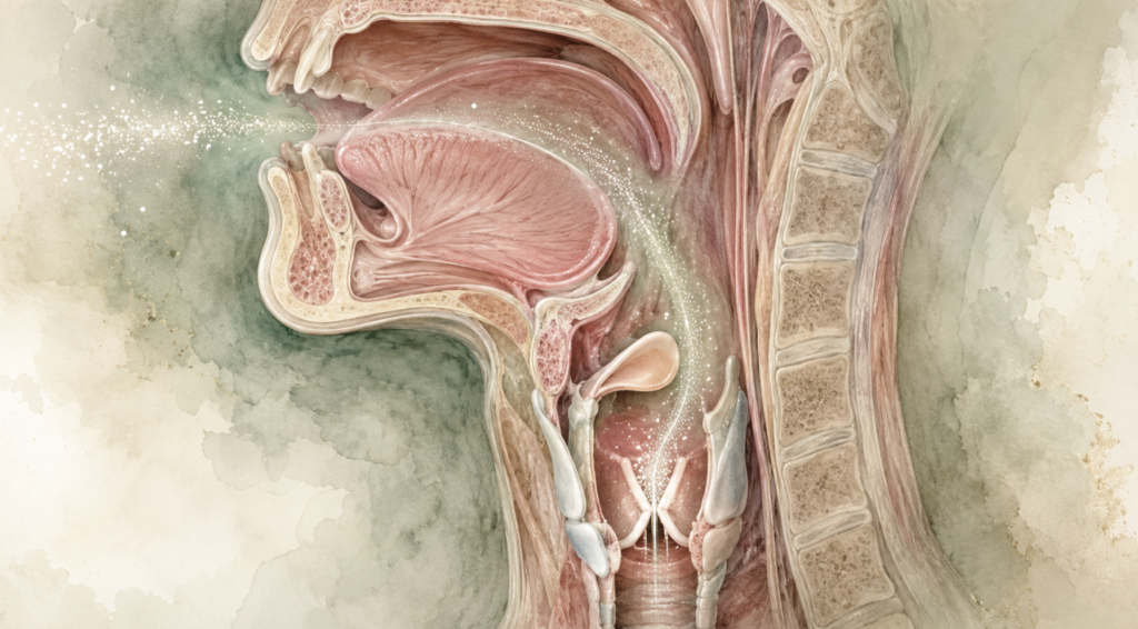 Anatomical illustration showing aerosol deposition on larynx and vocal folds in long-term e-cigarette use