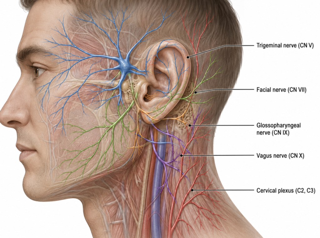 Anatomical illustration of the sensory nerve supply of the ear: cranial nerves V, VII, IX, X, and cervical plexus C2–C3.