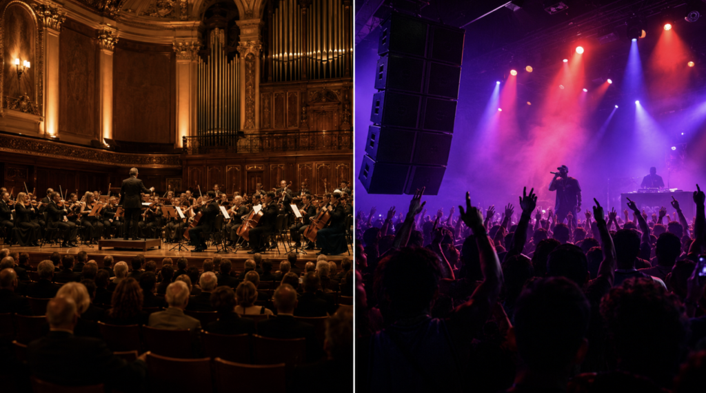 Music genre and hearing loss comparison — hip-hop concert versus classical concert hall environment.