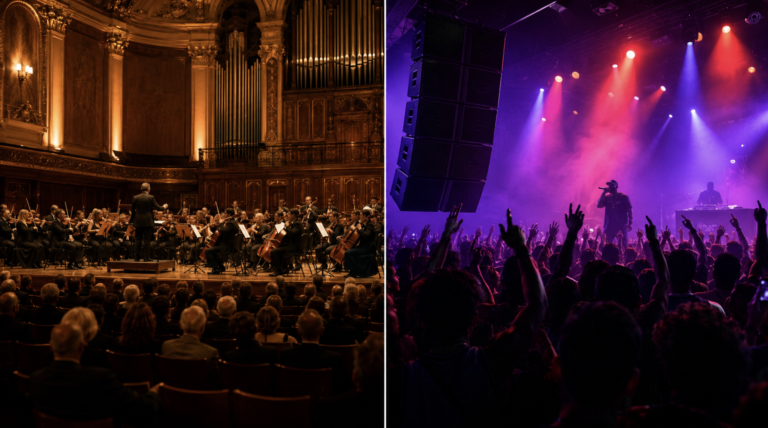 Music genre and hearing loss comparison — hip-hop concert versus classical concert hall environment.