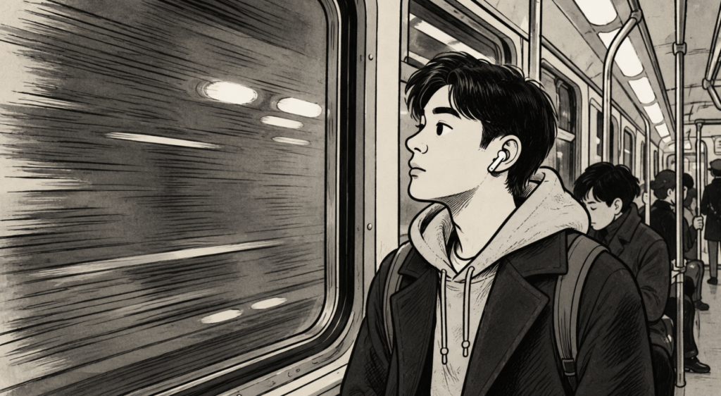 Subway commuter with earbuds — daily music genre exposure and hearing loss risk during transit.